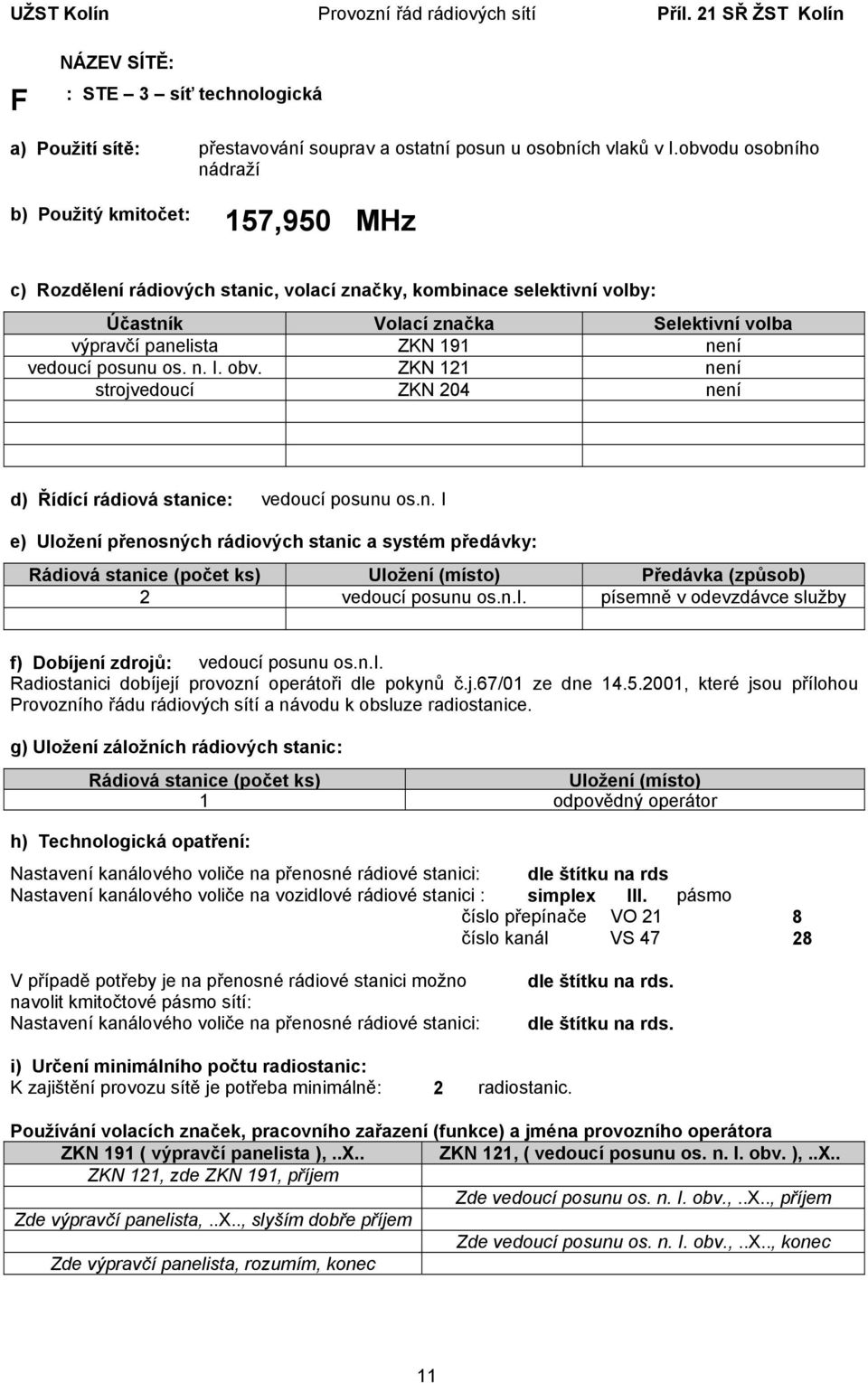 n.i. písemně v odevzdávce služby f) Dobíjení zdrojů: vedoucí posunu os.n.i. 1 odpovědný operátor dle štítku na rds Nastavení kanálového voliče na vozidlové rádiové stanici : simplex III.