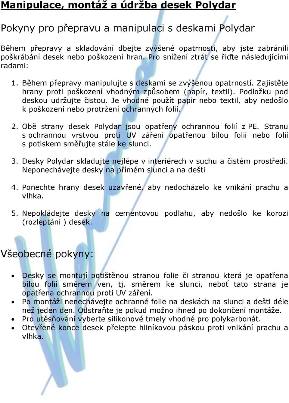 Pokyny pro přepravu a manipulaci s deskami Polydar - PDF Free Download