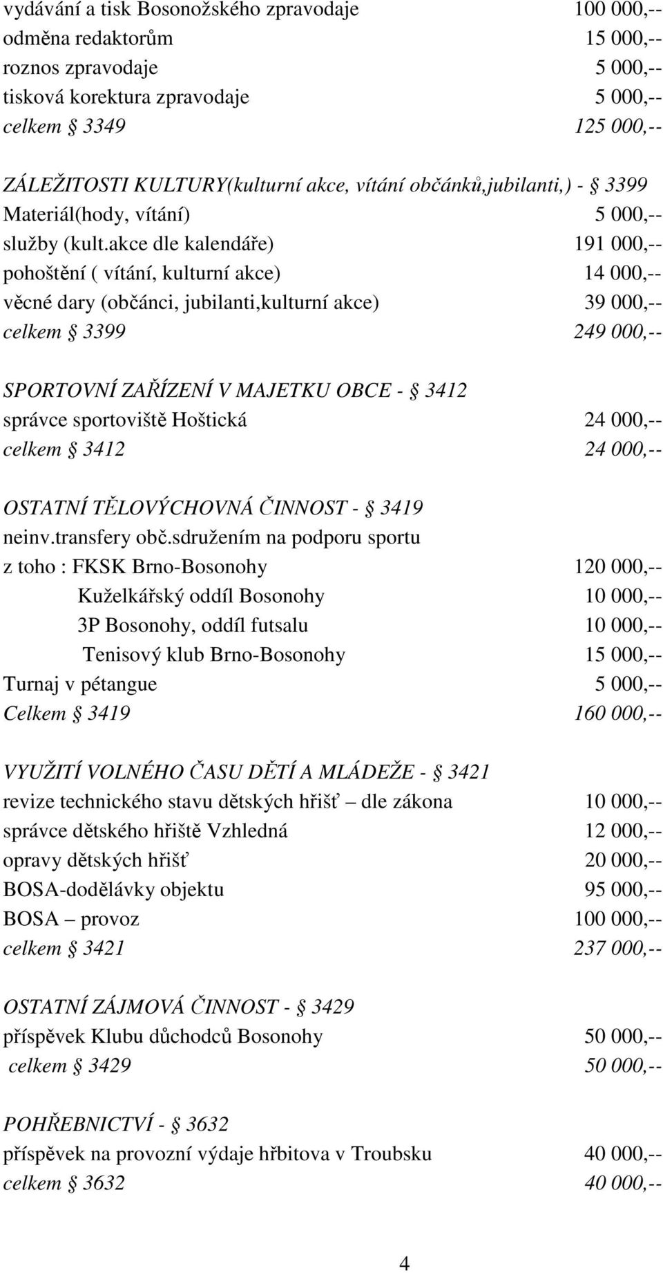 akce dle kalendáře) 191 000,-- pohoštění ( vítání, kulturní akce) 14 000,-- věcné dary (občánci, jubilanti,kulturní akce) 39 000,-- celkem 3399 249 000,-- SPORTOVNÍ ZAŘÍZENÍ V MAJETKU OBCE - 3412