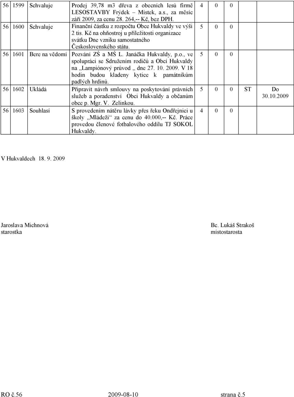 56 1601 Bere na vědomí Pozvání ZŚ a MŚ L. Janáčka Hukvaldy, p.o., ve spolupráci se Sdružením rodičů a Obcí Hukvaldy na Lampiónový průvod dne 27. 10. 2009.