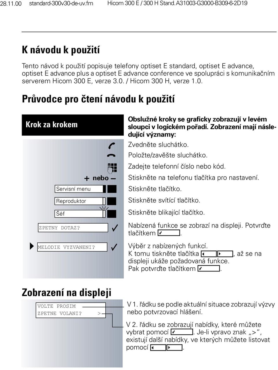 komunikačním serverem Hicom 300 E, verze 3.0. / Hicom 300 H, verze 1.0. Průvodce pro čtení návodu k použití Obslužné kroky se graficky zobrazují v levém sloupci v logickém pořadí.