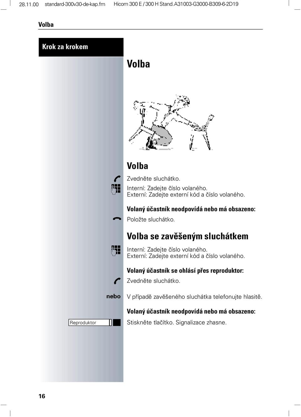 Externí: Zadejte externí kód a číslo volaného. Volaný účastník se ohlásí přes reproduktor: # Zvedněte sluchátko.