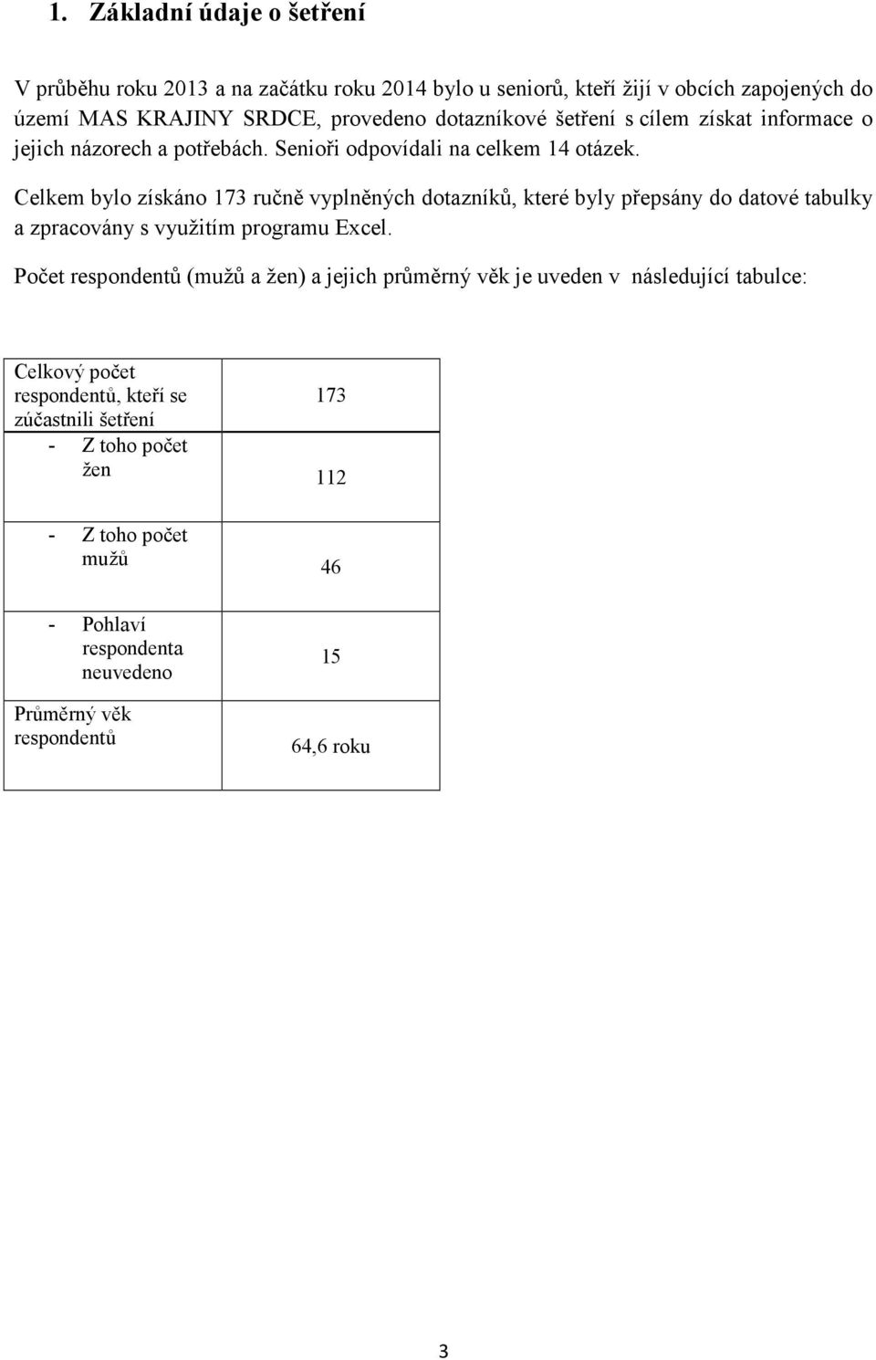 Celkem bylo získáno 173 ručně vyplněných dotazníků, které byly přepsány do datové tabulky a zpracovány s využitím programu Excel.