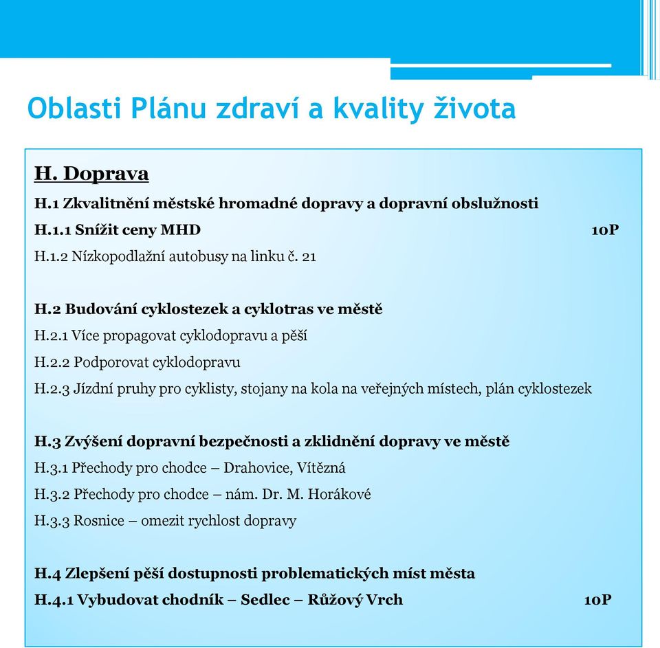 3 Zvýšení dopravní bezpečnosti a zklidnění dopravy ve městě H.3.1 řechody pro chodce Drahovice, Vítězná H.3.2 řechody pro chodce nám. Dr. M. Horákové H.3.3 Rosnice omezit rychlost dopravy H.