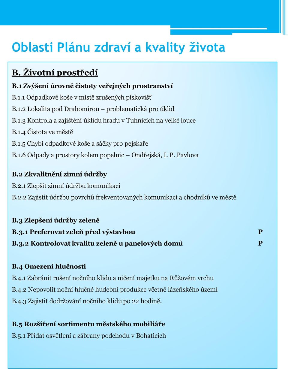 2 Zkvalitnění zimní údržby B.2.1 Zlepšit zimní údržbu komunikací B.2.2 Zajistit údržbu povrchů frekventovaných komunikací a chodníků ve městě B.3 Zlepšení údržby zeleně B.3.1 referovat zeleň před výstavbou B.