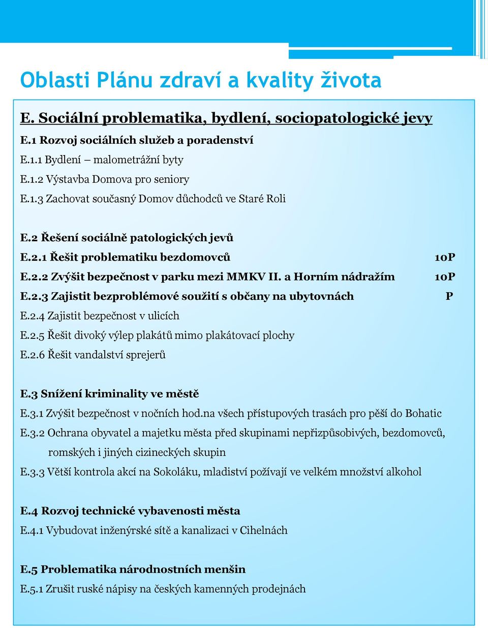 2.4 Zajistit bezpečnost v ulicích E.2.5 Řešit divoký výlep plakátů mimo plakátovací plochy E.2.6 Řešit vandalství sprejerů E.3 Snížení kriminality ve městě E.3.1 Zvýšit bezpečnost v nočních hod.