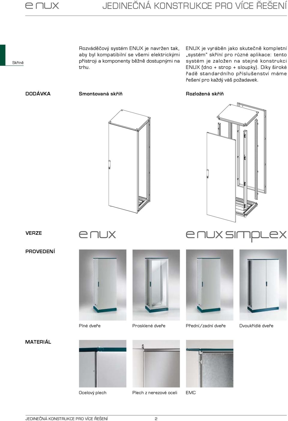 ENUX je vyráběn jako skutečně kompletní systém skříní pro různé aplikace: tento systém je založen na stejné konstrukci ENUX (dno + strop + sloupky).