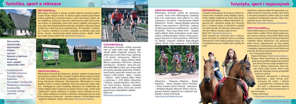 Turystyka rowerowa Turystyka konna Kąpieliska Narciarstwo i łyżwiarstwo Wędkarstwo i łowiectwo Grzybiarstwo Pozostale atrakcje sportowe Mikroregion Krnovsko PĚŠÍ TURISTIKA Mikroregion Krnovsko je