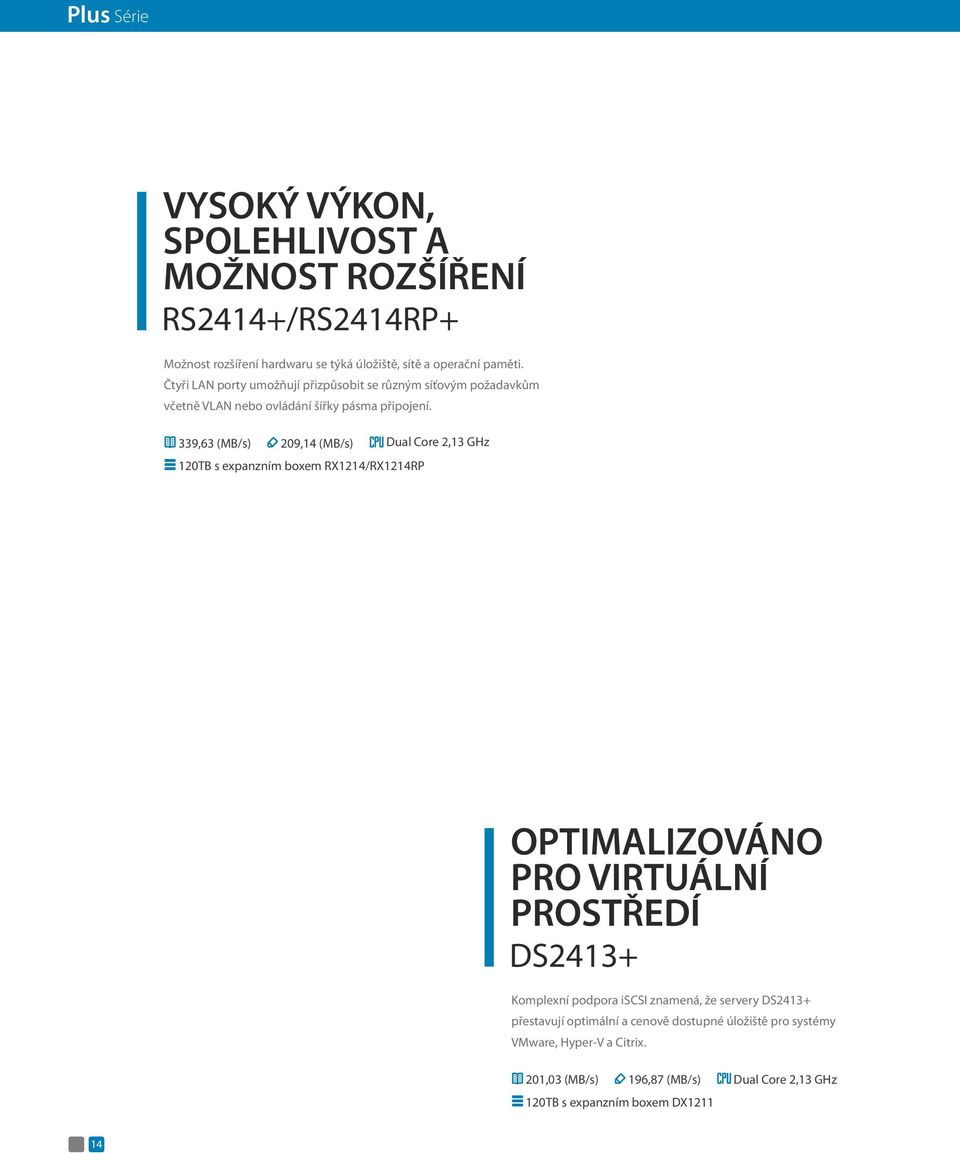 339,63 (MB/s) 209,14 (MB/s) Dual Core 2,13 GHz 120TB s expanzním boxem RX1214/RX1214RP OPTIMALIZOVÁNO PRO VIRTUÁLNÍ PROSTŘEDÍ DS2413+ Komplexní podpora