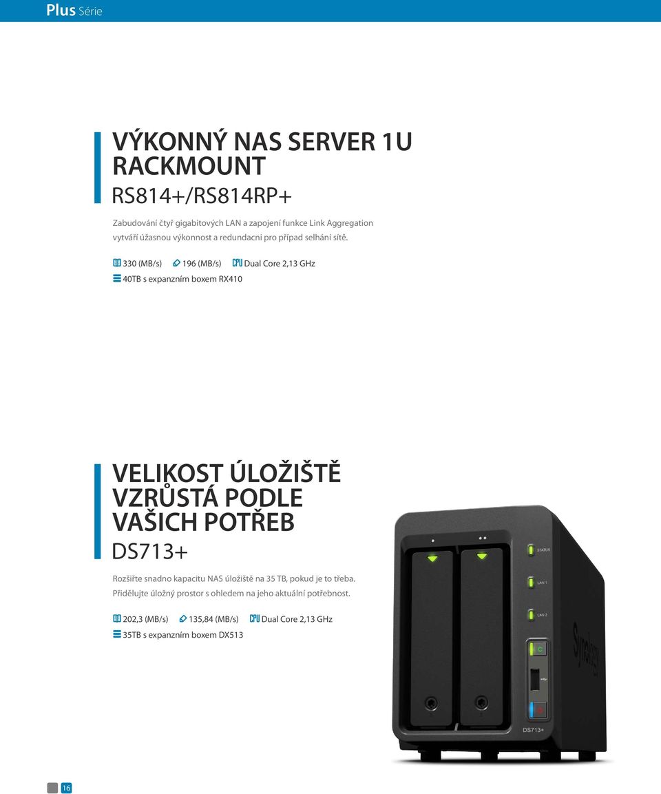 330 (MB/s) 196 (MB/s) Dual Core 2,13 GHz 40TB s expanzním boxem RX410 VELIKOST ÚLOŽIŠTĚ VZRŮSTÁ PODLE VAŠICH POTŘEB DS713+