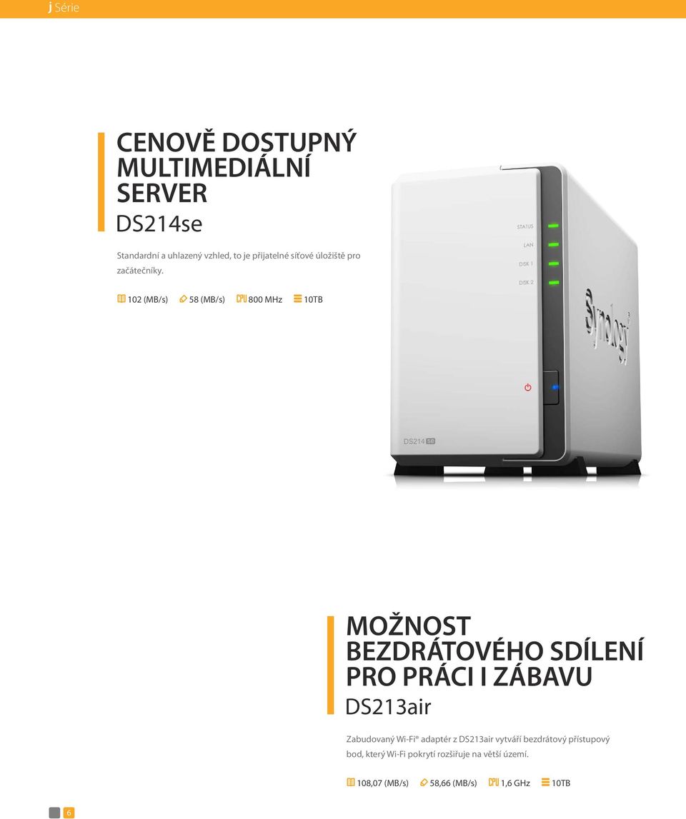 102 (MB/s) 58 (MB/s) 800 MHz 10TB MOŽNOST BEZDRÁTOVÉHO SDÍLENÍ PRO PRÁCI I ZÁBAVU DS213air