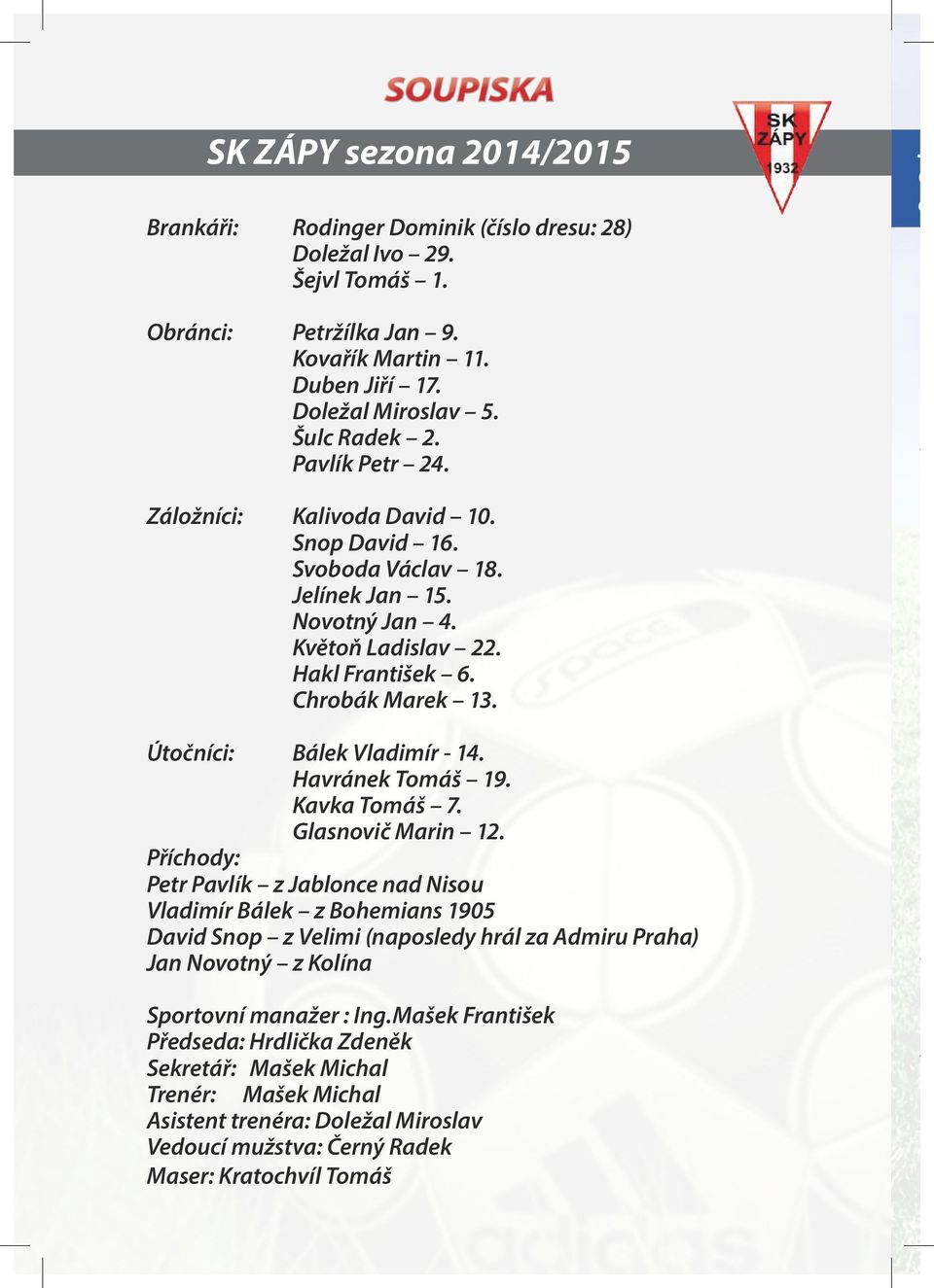 Útočníci: Bálek Vladimír - 14. Havránek Tomáš 19. Kavka Tomáš 7. Glasnovič Marin 12.