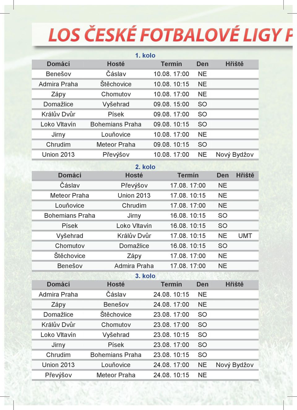 kolo Hosté Domácí Hřiště Nový Bydžov Termín Den Čáslav Převýšov 17.08. 17:00 Meteor Praha Union 2013 17.08. 10:15 Louňovice Chrudim 17.08. 17:00 Bohemians Praha Jirny 16.08. 10:15 Písek Loko Vltavín 16.