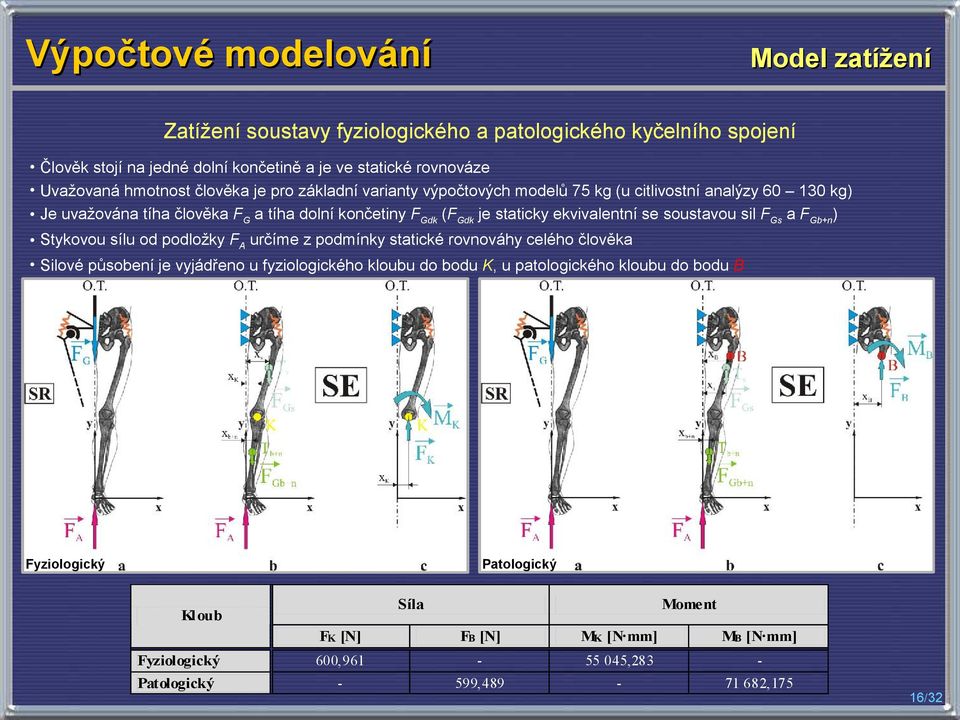 ekvivalentní se soustavou sil FGs a FGb+n) Stykovou sílu od podložky FA určíme z podmínky statické rovnováhy celého člověka Silové působení je vyjádřeno u fyziologického kloubu do