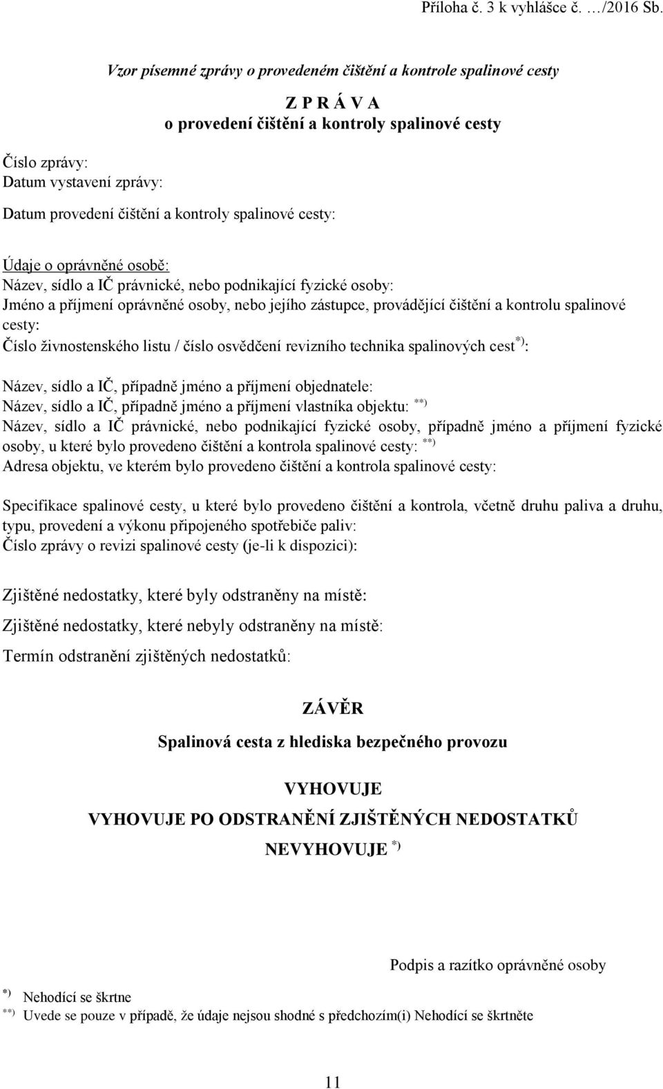 spalinové cesty: Údaje o oprávněné osobě: Název, sídlo a IČ právnické, nebo podnikající fyzické osoby: Jméno a příjmení oprávněné osoby, nebo jejího zástupce, provádějící čištění a kontrolu spalinové