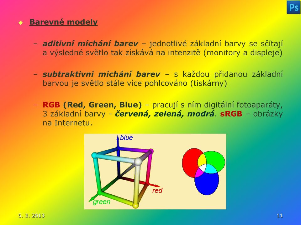 barvou je světlo stále více pohlcováno (tiskárny) RGB (Red, Green, Blue) pracují s ním digitální