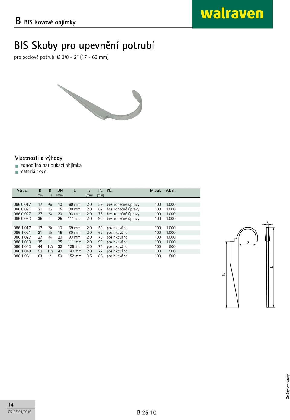 000 086 0 027 27 ¾ 20 93 mm 2,0 75 bez konečné úpravy 100 1.000 086 0 033 35 1 25 111 mm 2,0 90 bez konečné úpravy 100 1.000 086 1 017 17 ⅜ 10 69 mm 2,0 59 pozinkováno 100 1.