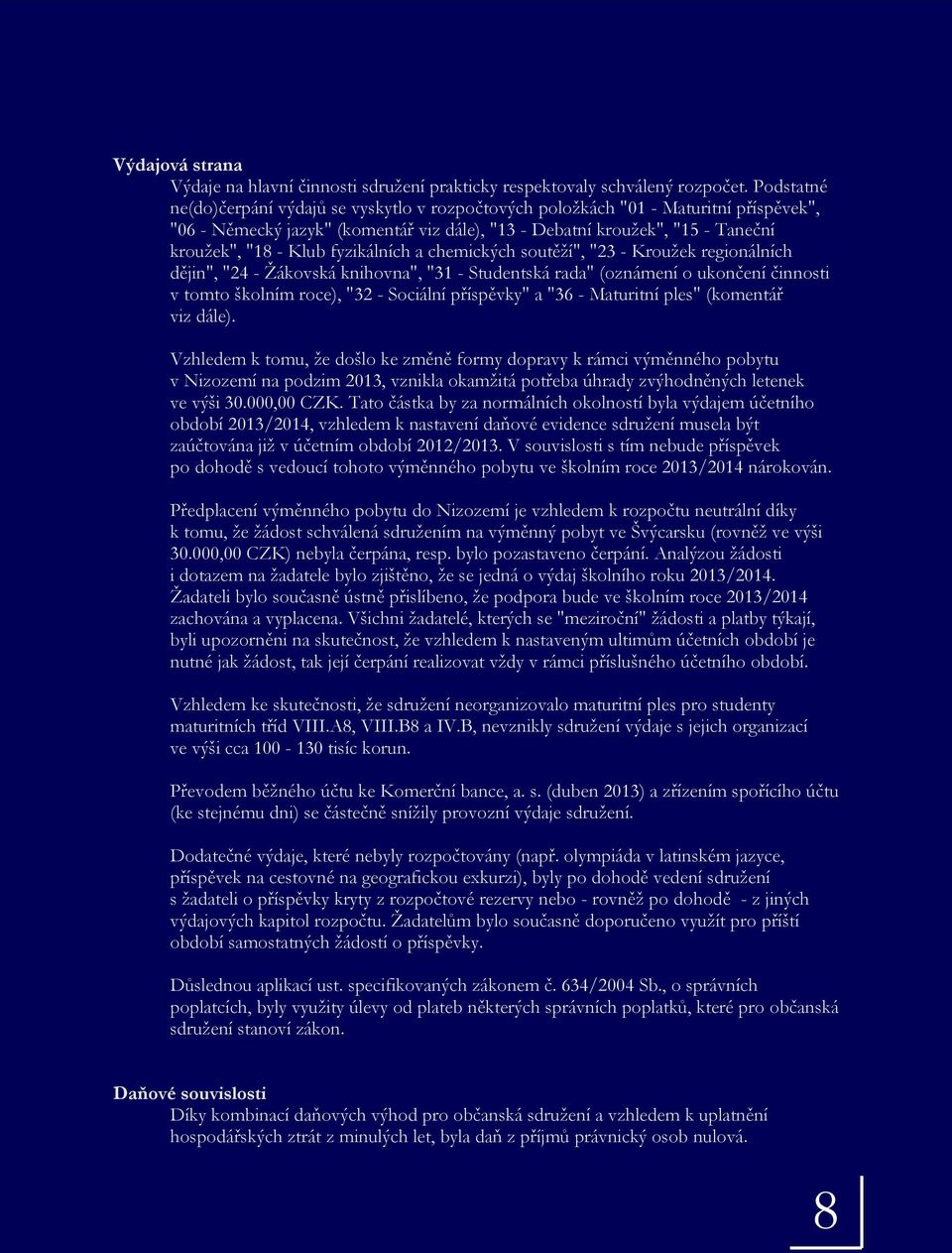 fyzikálních a chemických soutěží", "23 - Kroužek regionálních dějin", "24 - Žákovská knihovna", "31 - Studentská rada" (oznámení o ukončení činnosti v tomto školním roce), "32 - Sociální příspěvky" a