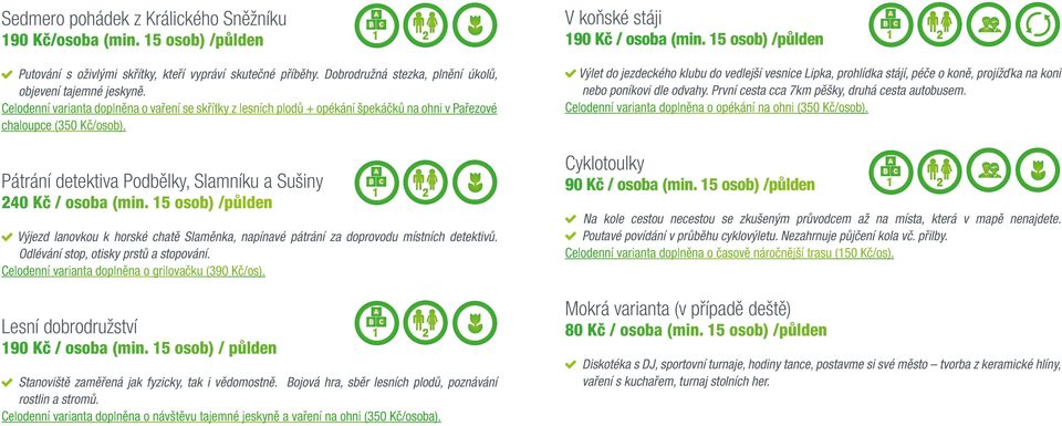 15 osob) /půlden Výjezd lanovkou k horské chatě Slaměnka, napínavé pátrání za doprovodu místních detektivů. Odlévání stop, otisky prstů a stopování.