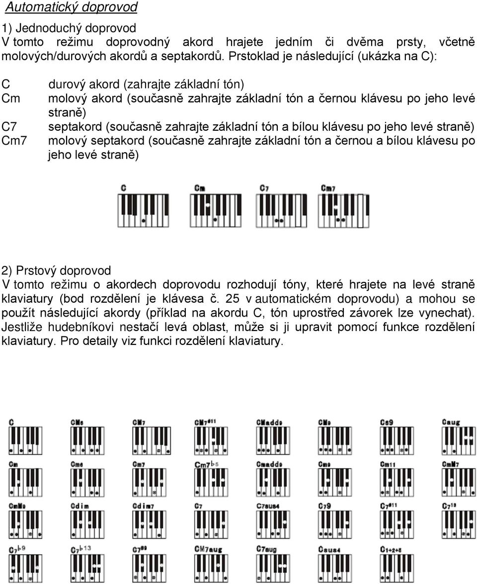 zahrajte základní tón a bílou klávesu po jeho levé straně) molový septakord (současně zahrajte základní tón a černou a bílou klávesu po jeho levé straně) 2) Prstový doprovod V tomto režimu o akordech