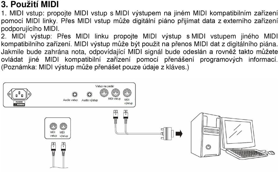 MIDI výstup: Přes MIDI linku propojte MIDI výstup s MIDI vstupem jiného MIDI kompatibilního zařízení.