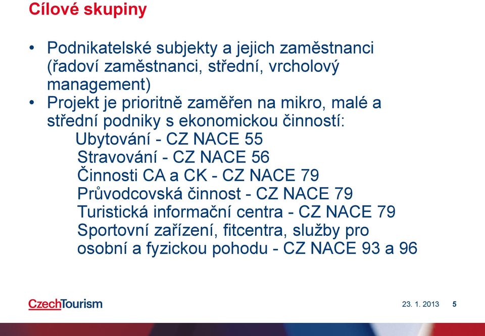 - CZ NACE 55 Stravování - CZ NACE 56 Činnosti CA a CK - CZ NACE 79 Průvodcovská činnost - CZ NACE 79