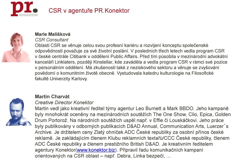 Před tím působila v mezinárodní advokátní kanceláři Linklaters, později Kinstellar, kde zaváděla a vedla program CSR v rámci své pozice v personálním oddělení.