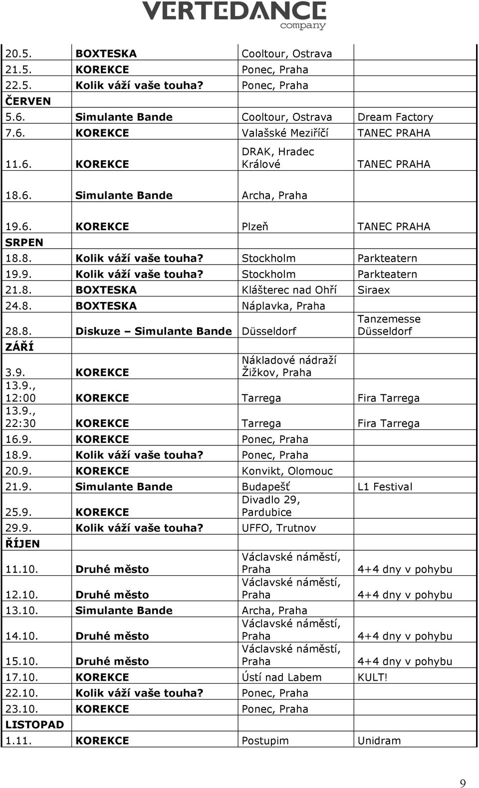 8. BOXTESKA Klášterec nad Ohří Siraex 24.8. BOXTESKA Náplavka, Praha 28.8. Diskuze Simulante Bande Düsseldorf Tanzemesse Düsseldorf ZÁŘÍ 3.9. KOREKCE Nákladové nádraží Žižkov, Praha 13.9., 12:00 KOREKCE Tarrega Fira Tarrega 13.