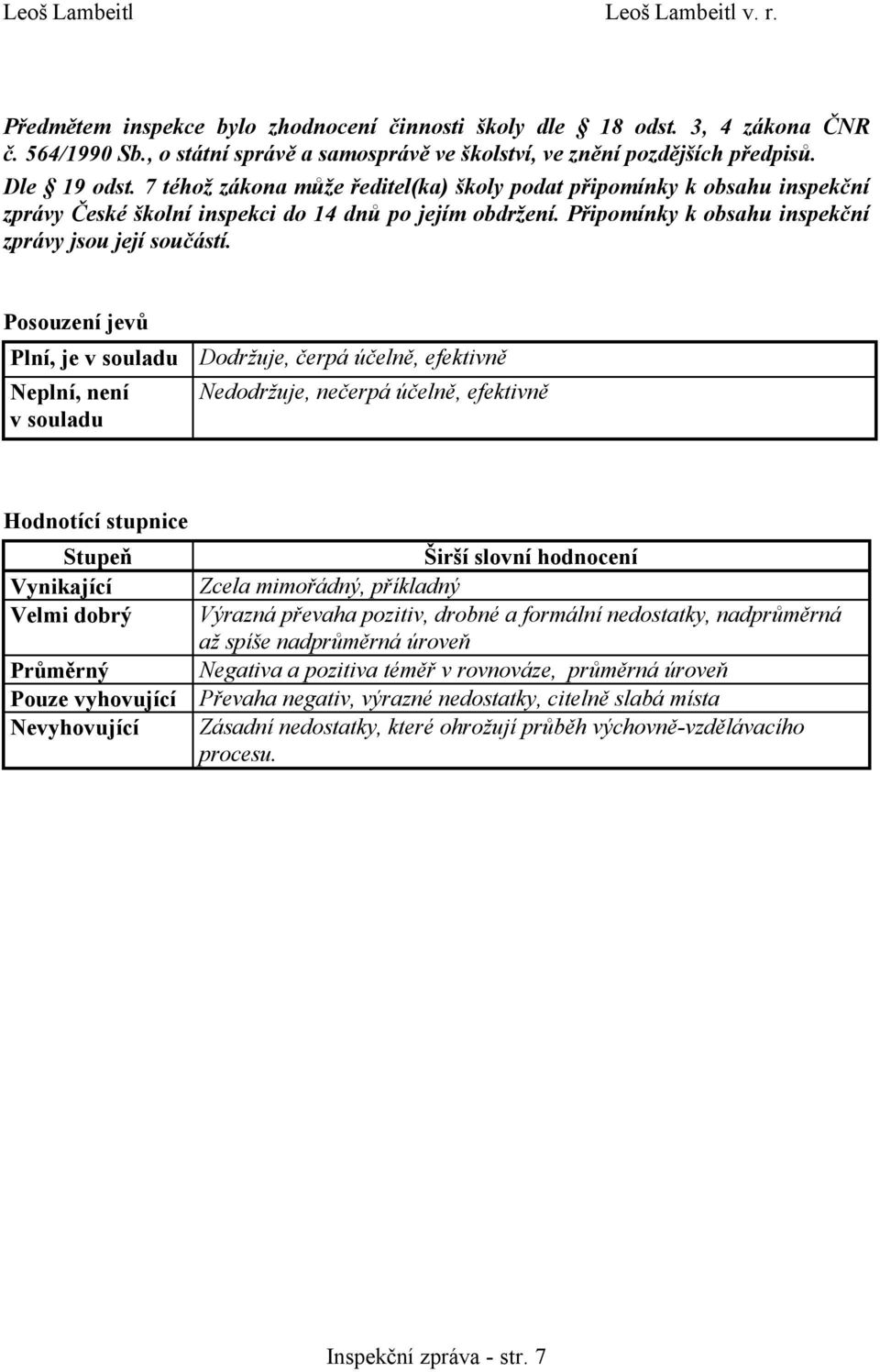 7 téhož zákona může ředitel(ka) školy podat připomínky k obsahu inspekční zprávy České školní inspekci do 14 dnů po jejím obdržení. Připomínky k obsahu inspekční zprávy jsou její součástí.