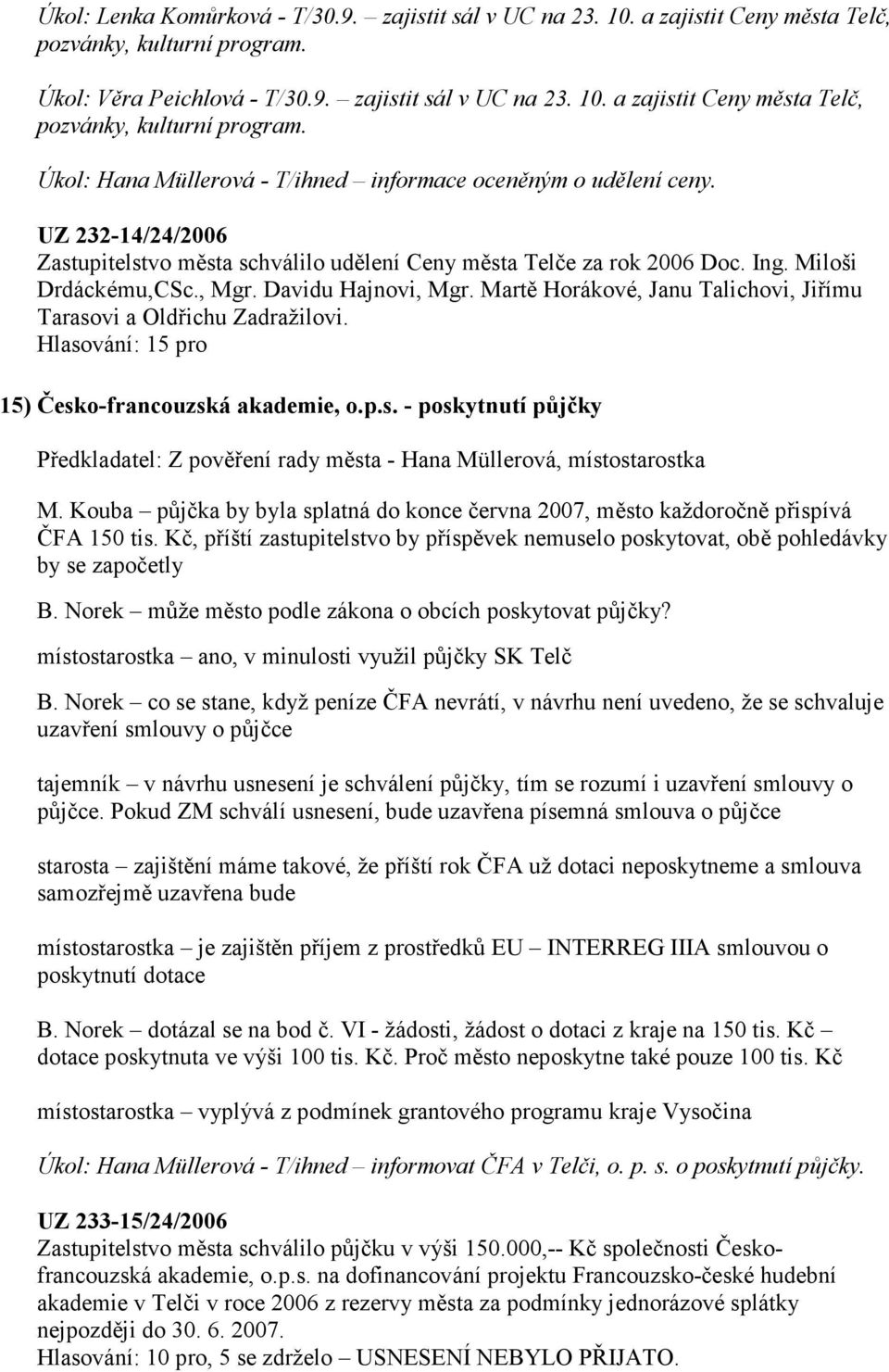 Martě Horákové, Janu Talichovi, Jiřímu Tarasovi a Oldřichu Zadražilovi. 15) Česko-francouzská akademie, o.p.s. - poskytnutí půjčky Předkladatel: Z pověření rady města - Hana Müllerová, místostarostka M.