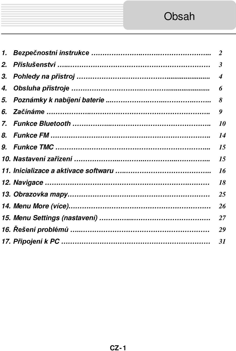 Nastavení zařízení........... 11. Inicializace a aktivace softwaru.... 12. Navigace. 13. Obrazovka mapy 14.