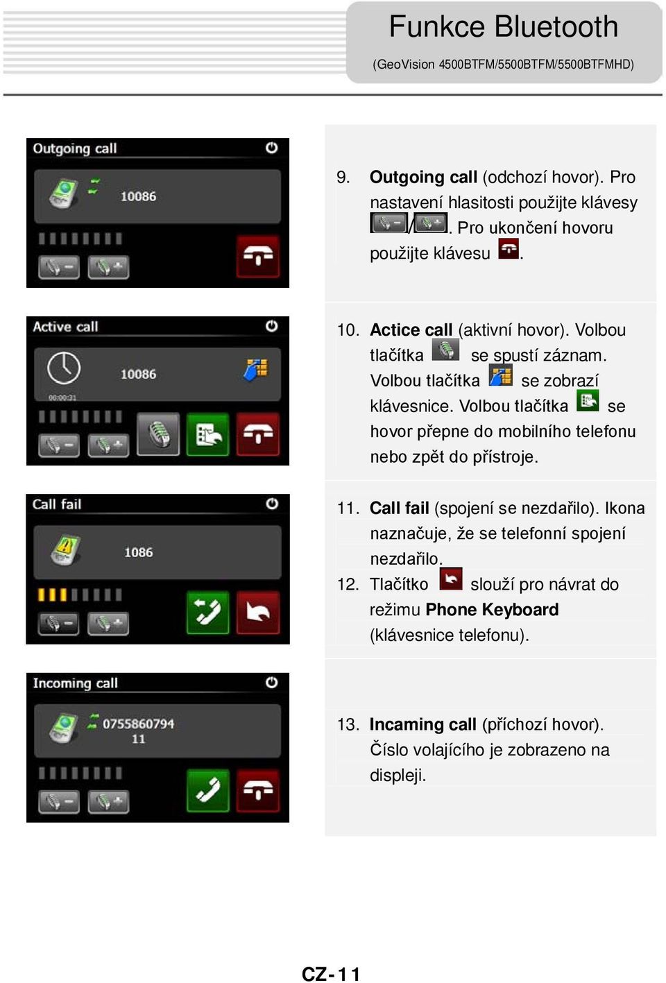 Volbou tlačítka se hovor přepne do mobilního telefonu nebo zpět do přístroje. 11. Call fail (spojení se nezdařilo).