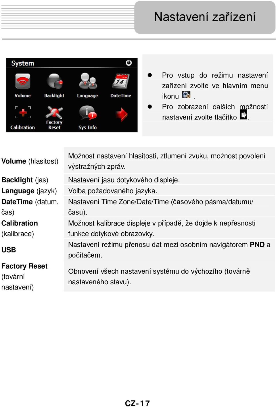 možnost povolení výstražných zpráv. Nastavení jasu dotykového displeje. Volba požadovaného jazyka. Nastavení Time Zone/Date/Time (časového pásma/datumu/ času).