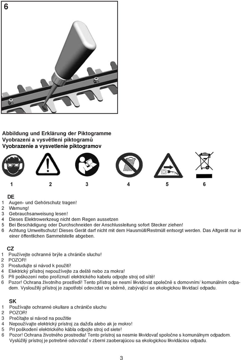 Dieses Gerät darf nicht mit dem Hausmüll/Restmüll entsorgt werden. Das Altgerät nur in einer öffentlichen Sammelstelle abgeben. CZ 1 Používejte ochranné brýle a chrániče sluchu! 2 POZOR!