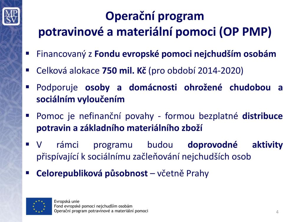 Kč (pro období 2014-2020) Podporuje osoby a domácnosti ohrožené chudobou a sociálním vyloučením Pomoc je nefinanční