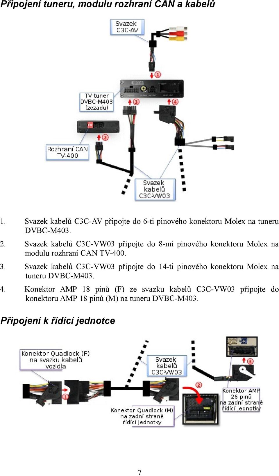 Svazek kabelů C3C-VW03 připojte do 8-mi pinového konektoru Molex na modulu rozhraní CAN TV-400. 3.
