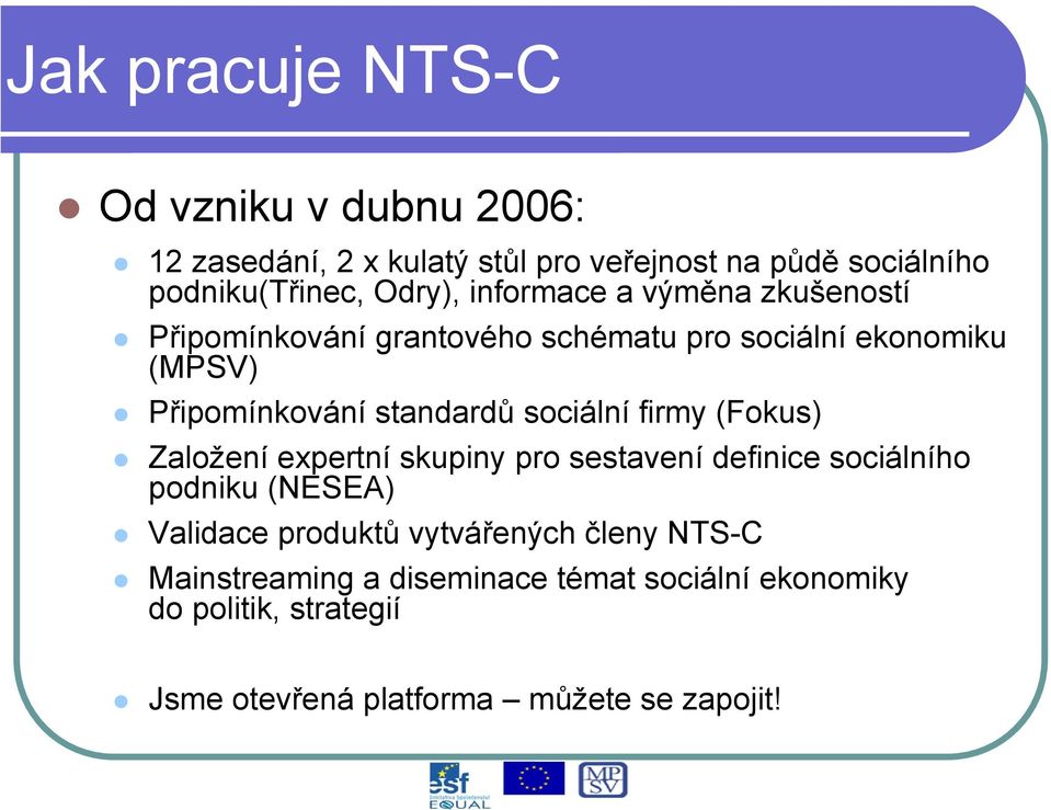 standardů sociální firmy (Fokus) Založení expertní skupiny pro sestavení definice sociálního podniku (NESEA) Validace