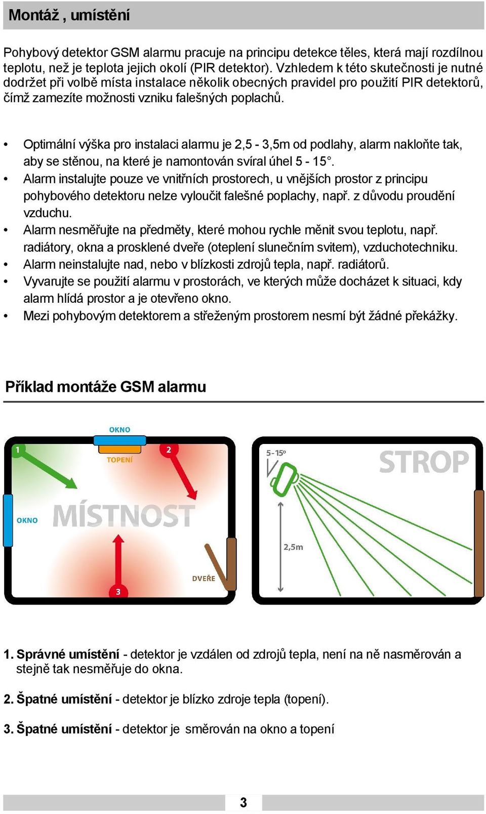 Optimální výška pro instalaci alarmu je 2,5-3,5m od podlahy, alarm nakloňte tak, aby se stěnou, na které je namontován svíral úhel 5-15.