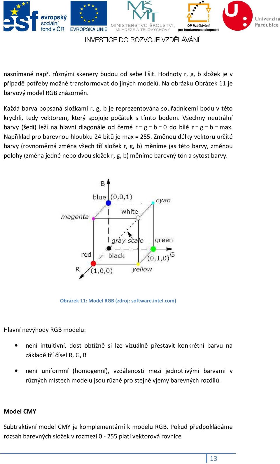 Všechny neutrální barvy (šedi) leží na hlavní diagonále od černé r = g = b = 0 do bílé r = g = b = max. Například pro barevnou hloubku 24 bitů je max = 255.