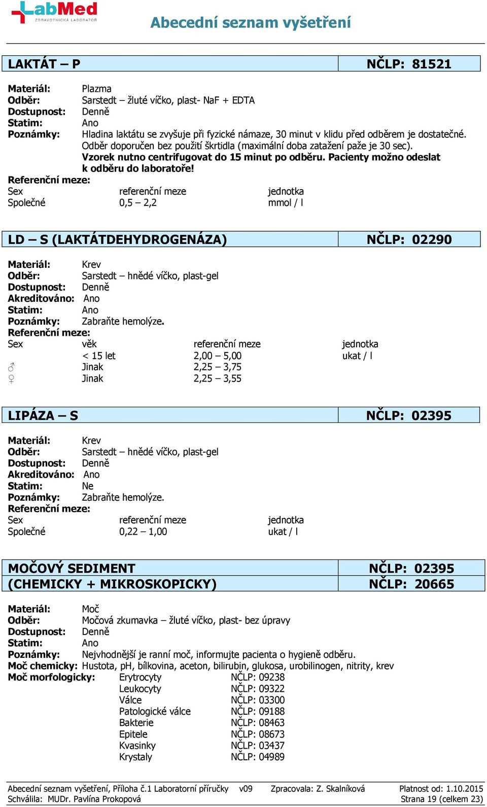 Společné 0,5 2,2 mmol / l LD S (LAKTÁTDEHYDROGENÁZA) NČLP: 02290 Zabraňte hemolýze.