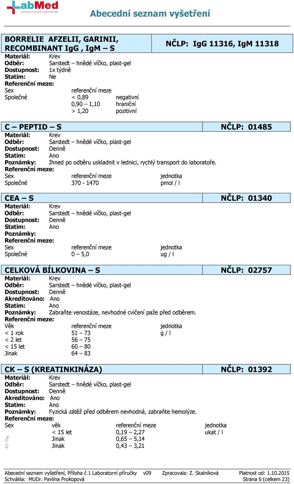 Společné 370-1470 pmol / l CEA S NČLP: 01340 Společné 0 5,0 ug / l CELKOVÁ BÍLKOVINA S NČLP: 02757 Zabraňte venostáze, nevhodné cvičení paže před odběrem.