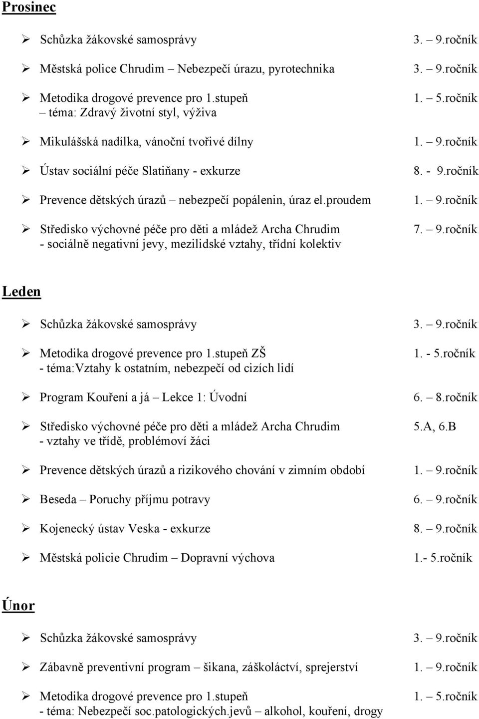 proudem Středisko výchovné péče pro děti a mládež Archa Chrudim - sociálně negativní jevy, mezilidské vztahy, třídní kolektiv 1. 5.ročník 8. - 9.ročník 7. 9.ročník Leden Metodika drogové prevence pro 1.