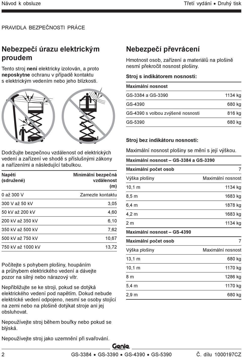 Stroj s indikátorem nosnosti: Maximální nosnost GS-3384 a GS-3390 GS-4390 GS-4390 s volbou zvýšené nosnosti GS-5390 1134 kg 680 kg 816 kg 680 kg Stroj bez indikátoru nosnosti: Dodržujte bezpečnou