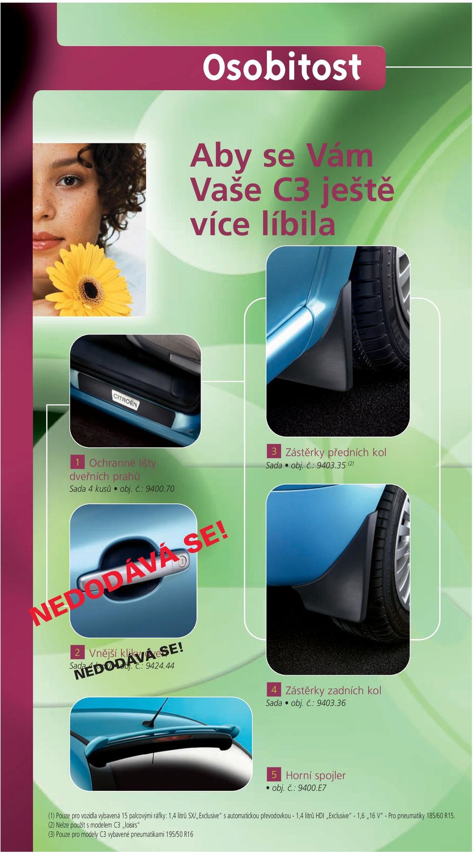 E7 (1) Pouze pro vozidla vybavená 15 palcovými ráfky: 1,4 litrů SX/ Exclusive s automatickou převodovkou - 1,4 litrů HDI Exclusive -