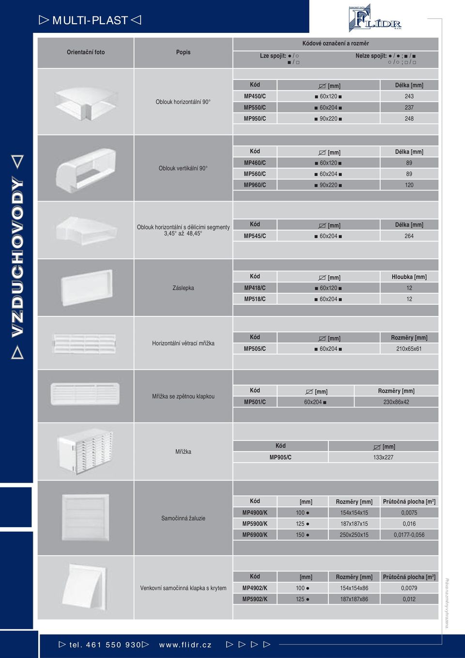 Kód [mm] Rozměry [mm] MP501/C 60x204 230x86x42 Mřížka Kód [mm] MP905/C 133x227 Samočinná žaluzie Kód [mm] Rozměry [mm] Průtočná plocha [m 2 ] MP4900/K 100 154x154x15 0,0075 MP5900/K 125 187x187x15