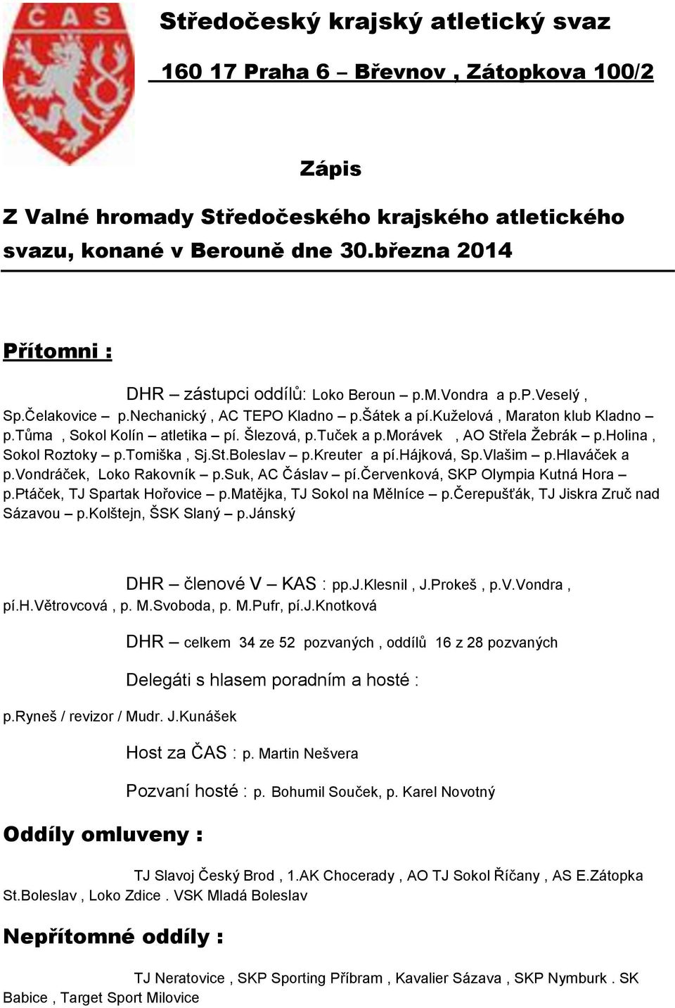 Šlezová, p.tuček a p.morávek, AO Střela Žebrák p.holina, Sokol Roztoky p.tomiška, Sj.St.Boleslav p.kreuter a pí.hájková, Sp.Vlašim p.hlaváček a p.vondráček, Loko Rakovník p.suk, AC Čáslav pí.