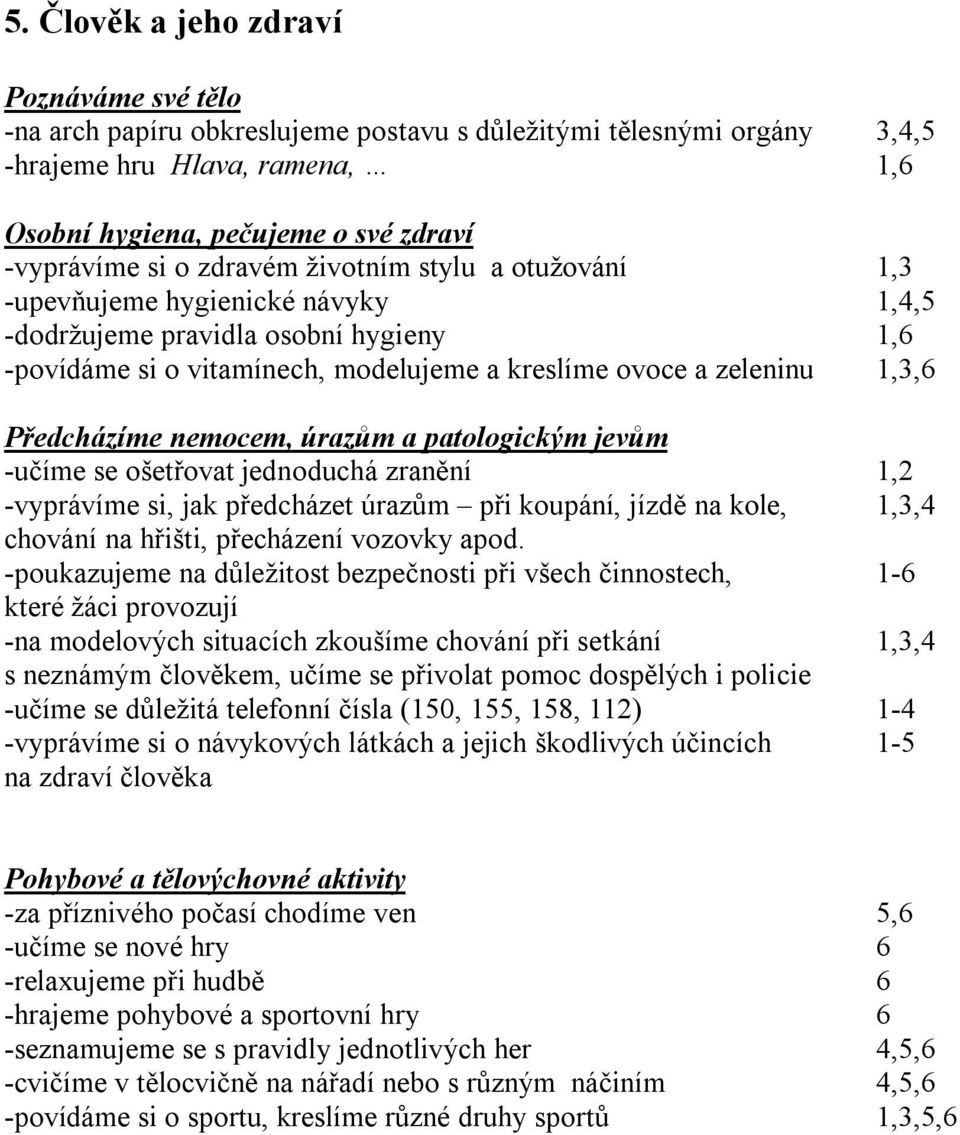 Předcházíme nemocem, úrazům a patologickým jevům -učíme se ošetřovat jednoduchá zranění 1,2 -vyprávíme si, jak předcházet úrazům při koupání, jízdě na kole, 1,3,4 chování na hřišti, přecházení