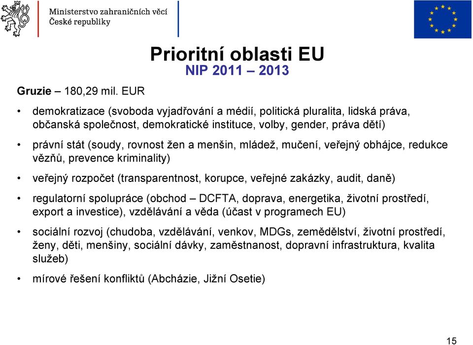 menšin, mládež, mučení, veřejný obhájce, redukce vězňů, prevence kriminality) veřejný rozpočet (transparentnost, korupce, veřejné zakázky, audit, daně) regulatorní spolupráce (obchod DCFTA,