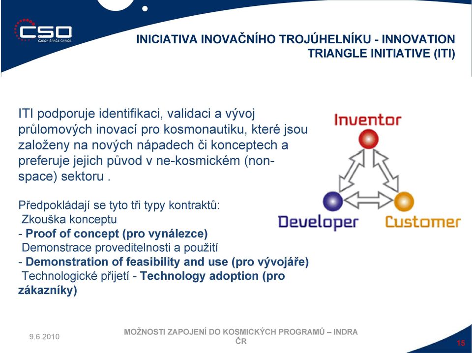 Předpokládají se tyto tři typy kontraktů: Zkouška konceptu - Proof of concept (pro vynálezce) Demonstrace proveditelnosti a použití -