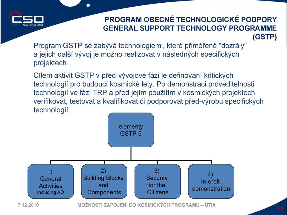 Cílem aktivit GSTP v před-vývojové fázi je definování kritických technologií pro budoucí kosmické lety.